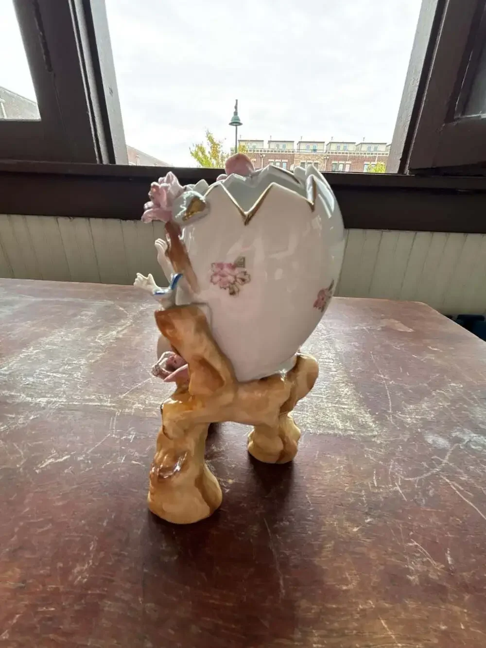 Vintage Ucagco Cherub Gold Trim Bird Flowers Angel Egg Vase Planter